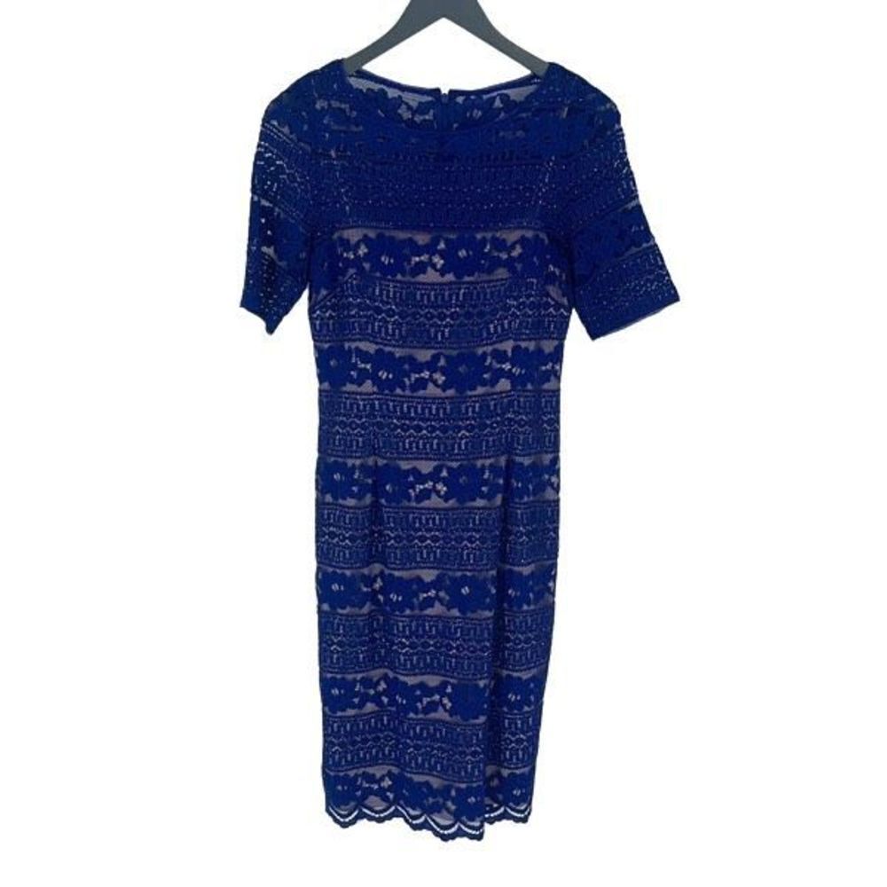 Adrianna Papell Women's Lined Lace Beaded Cocktail Sheath Dress Blue Size‎ 6